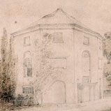 Faint sketch of an old house.
