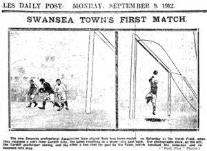 Paper clipping about Swansea Town's first match [Click to enlarge image]